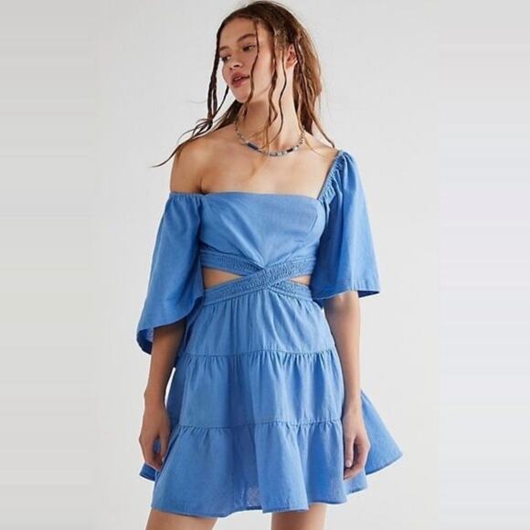 Free People Cross of Sunlight Cut-Out Mini Dress Medium Blue Arrow Linen Blend - Picture 1 of 11